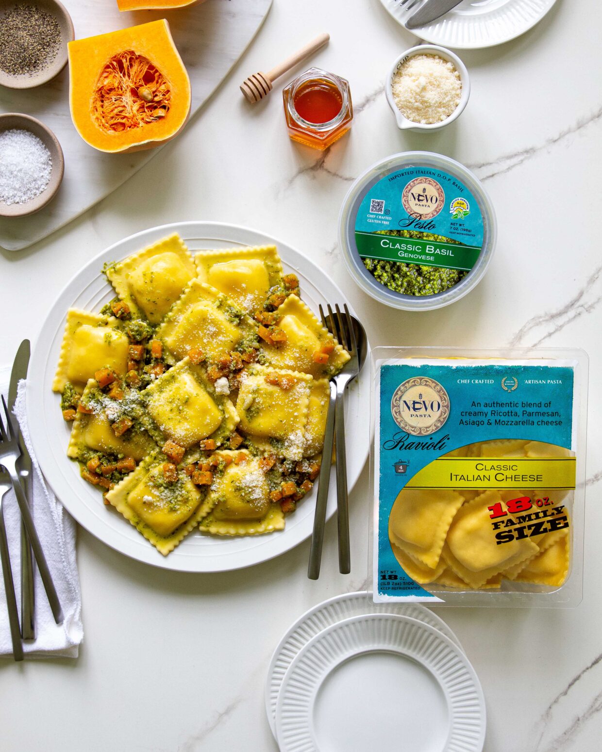 Italian Cheese Ravioli with Basil Pesto and Pan Roasted Pumpkin