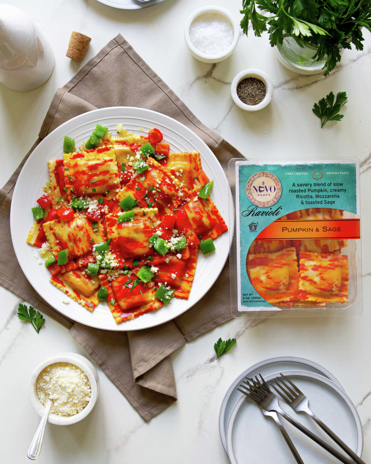 Pumpkin and sage Ravioli with Green and Red Peppers.